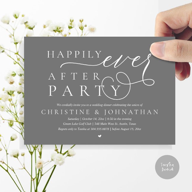 Moderne Hochzeitsfeier, glücklicherweise immer nac Einladung (Modern Cute Wedding Elopement, Happily Ever After Party Invitation Card, PDF, in Dark Grey)