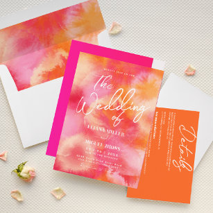 Moderne Hochzeitsfeier in Rosa und Orange Einladung