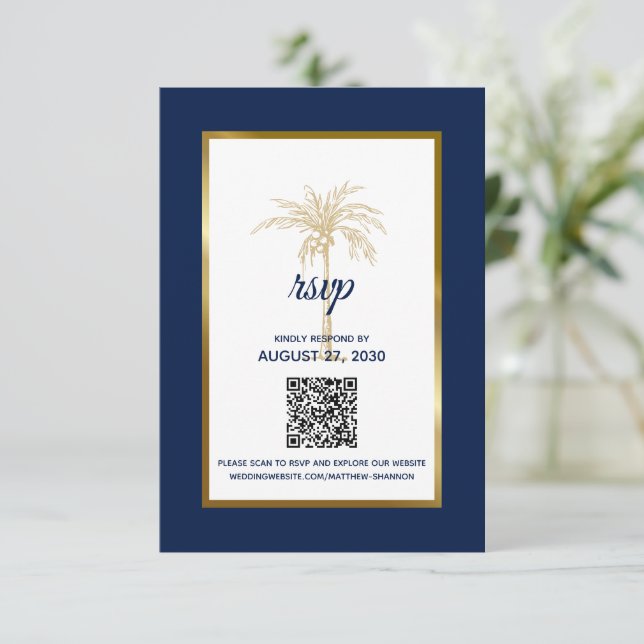 Moderne Hochzeitsfeier mit blauem Gold Palm Tree RSVP Karte (Stehend Vorderseite)