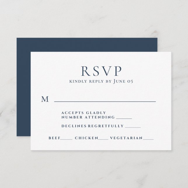 Moderne Hochzeitsfeier mit blauem Text RSVP Karte (Vorne/Hinten)