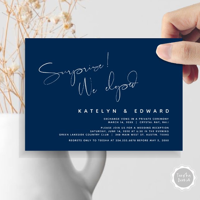 Moderne Hochzeitsfeier, Überraschung, wir entwicke Einladung (Modern Wedding Elopement, Surprise, we eloped, dinner Invitation Card, PDF, in Navy Blue)