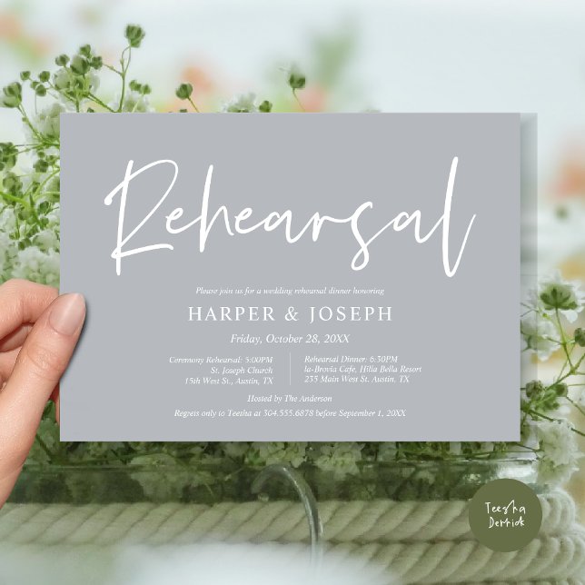 Moderne Hochzeitsfeier und Abendessen, Chill Grau Einladung (Wedding Rehearsal and Dinner Invitation Card, PDF, Modern Minimalist Elegant, in Chill Grey)