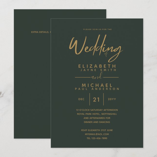 Moderne Hochzeitsfeiern mit grünem Gold Einladung (Vorne/Hinten)