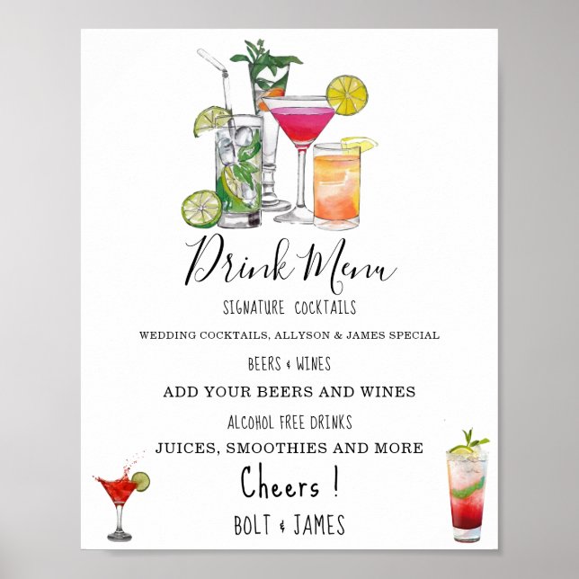 Moderne Hochzeitsgetränke Menü Cocktails Abbildung Poster (Vorne)