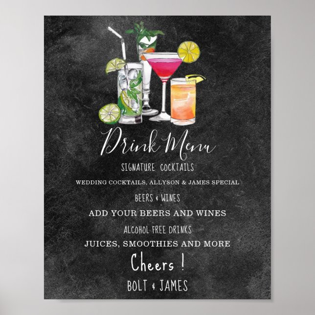 Moderne Hochzeitsgetränke Menü Cocktails Abbildung Poster (Vorne)