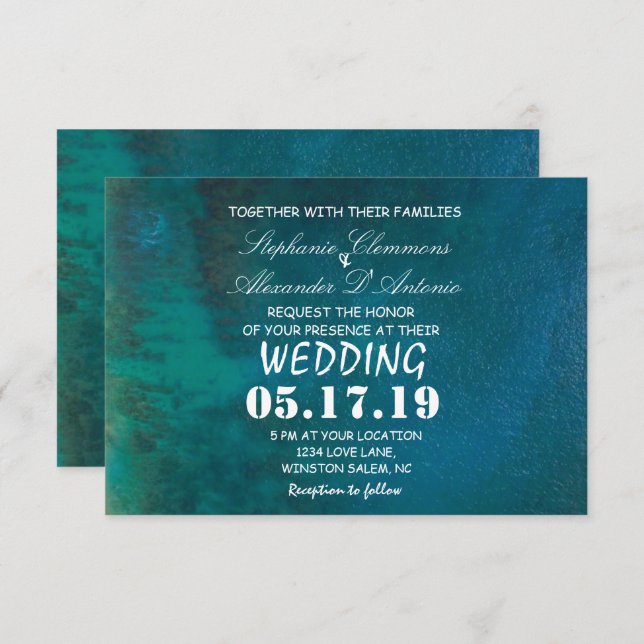 Moderne Hochzeitskarte für das tropische Ziel am M Einladung (Vorne/Hinten)