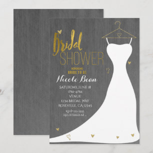 Moderne Hochzeitskleid & Goldene Herzen Brautparty Einladung