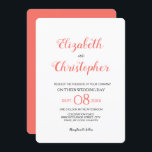 Moderne Hochzeitskriptfarbenkoralle Einladung<br><div class="desc">Diese moderne und schicke Hochzeitseinladung verwendet die trendige Korallenfarbe. Die Namen im handgeschriebenen Stil-Schriftart sind prominent und klar. Personalisieren Sie die Daten mit Ihren Informationen. Die Akzent Farbkoralle kann mit dem Werkzeug angepasst werden, falls Sie Hilfe benötigen, kontaktieren Sie mich bitte unter info@lddesignloft.com. Herzlichen Glückwunsch an Sie und Ihr Verlobter....</div>