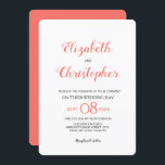 Moderne Hochzeitskriptfarbenkoralle Einladung<br><div class="desc">Diese moderne und schicke Hochzeitseinladung verwendet die trendige Korallenfarbe. Die Namen im handgeschriebenen Stil-Schriftart sind prominent und klar. Personalisieren Sie die Daten mit Ihren Informationen. Die Akzent Farbkoralle kann mit dem Werkzeug angepasst werden, falls Sie Hilfe benötigen, kontaktieren Sie mich bitte unter info@lddesignloft.com. Herzlichen Glückwunsch an Sie und Ihr Verlobter....</div>