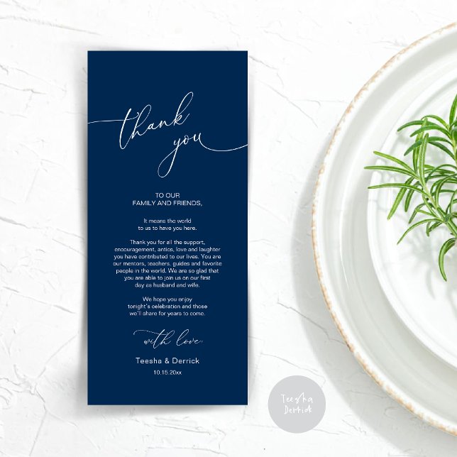 Moderne Hochzeitsmahlzeiten dank Karte (Modern Wedding Dinner Place Setting Thank You Card, Plate decor, in Navy Blue)