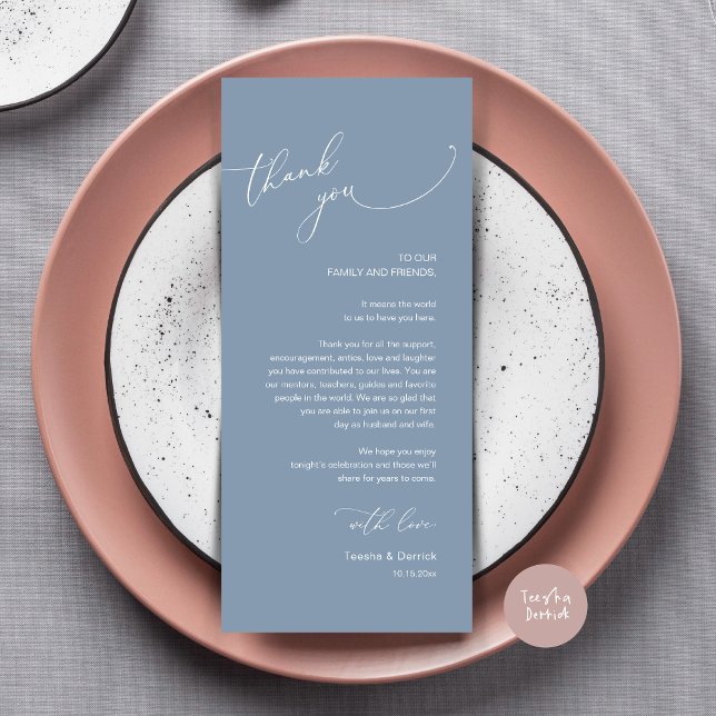 Moderne Hochzeitsmahlzeiten dank Karte (Modern Wedding Dinner Place Setting Thank You Card, Plate decor, in Dusty Blue)