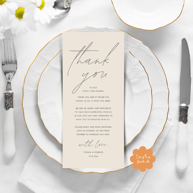 Moderne Hochzeitsmahlzeiten dank Karte (Modern Wedding Dinner Lunch Brunch Celebration Place Setting Thank You Card in Cream Grey)