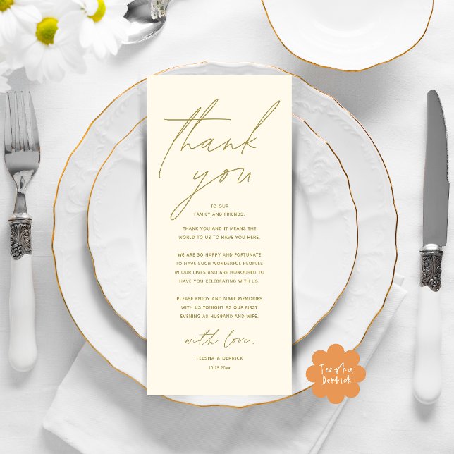 Moderne Hochzeitsmahlzeiten dank Karte (Modern Wedding Dinner Lunch Brunch Celebration Place Setting Thank You Card in Yellow Gold)
