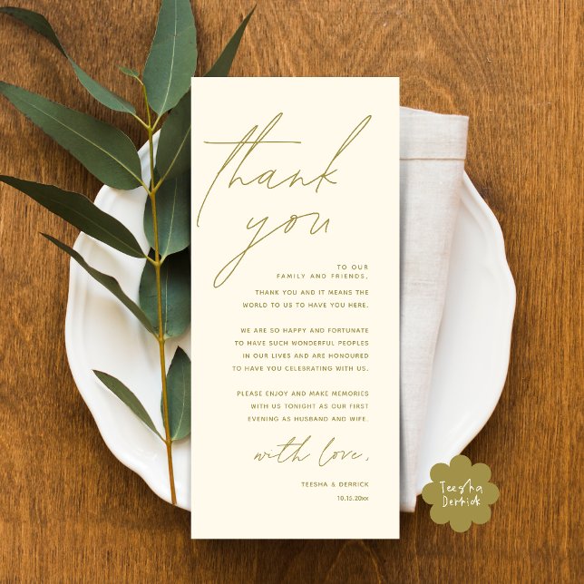 Moderne Hochzeitsmahlzeiten dank Karte (Modern Wedding Dinner Lunch Brunch Celebration Place Setting Thank You Card in Yellow Gold)