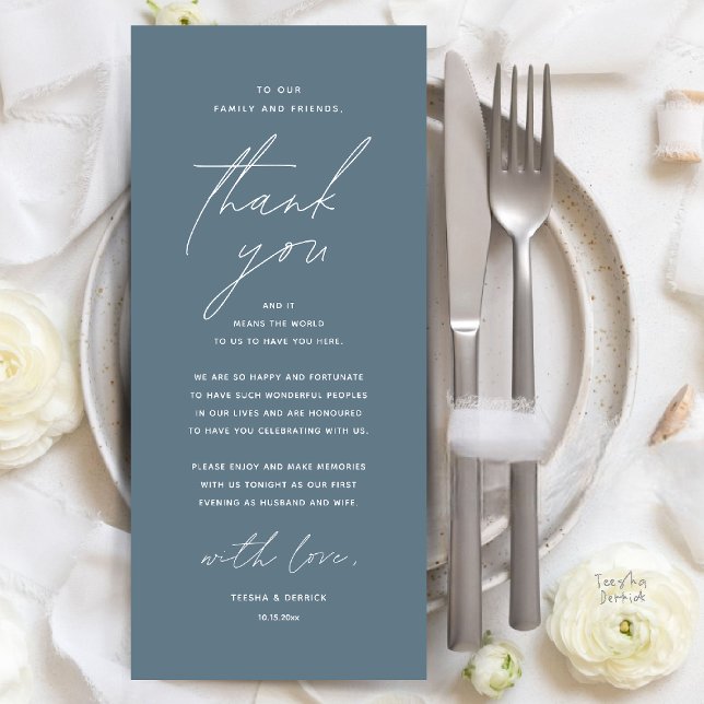 Moderne Hochzeitsmahlzeiten dank Karte (Modern Wedding Dinner Place Setting Thank You Card Reception Brunch Lunch in Dusty Blue)
