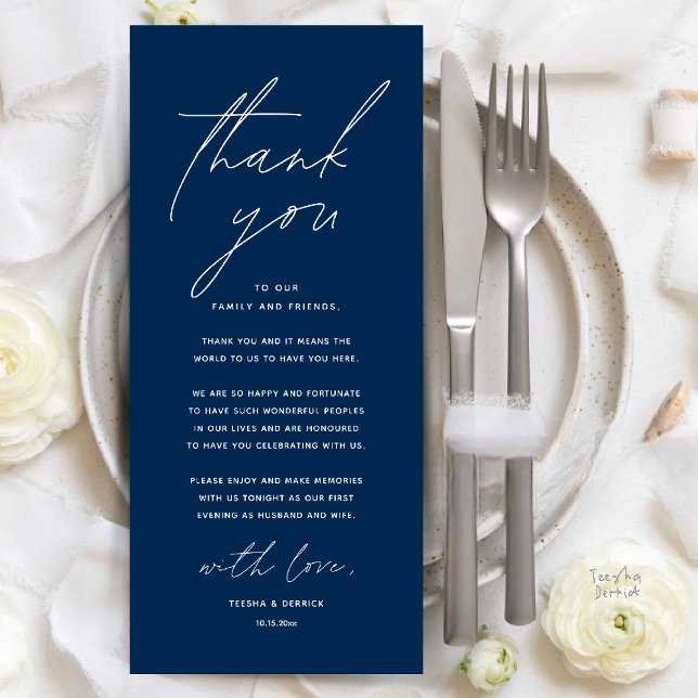 Moderne Hochzeitsmahlzeiten dank Karte (Modern Wedding Dinner Place Setting Thank You Card Reception Brunch Lunch in Navy Blue)