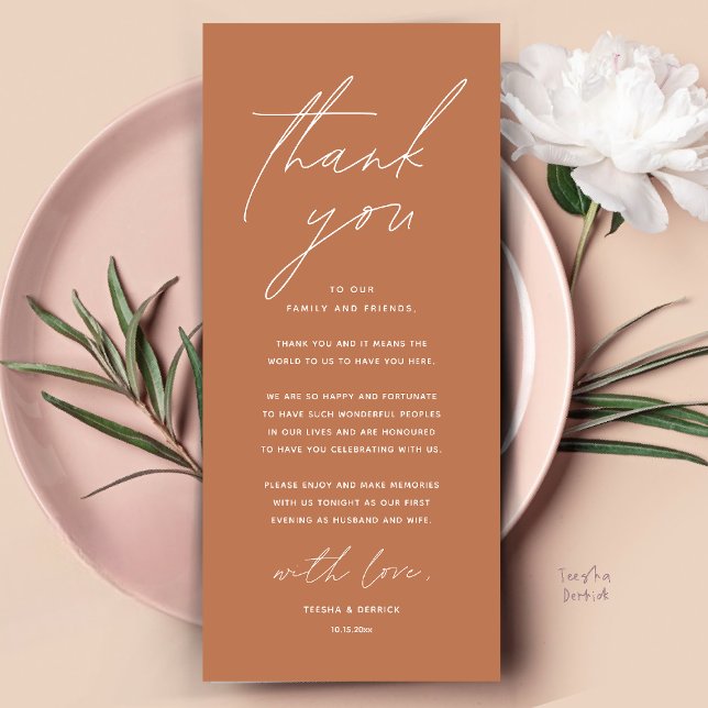 Moderne Hochzeitsmahlzeiten dank Karte (Modern Wedding Dinner Place Setting Thank You Card Reception Brunch Lunch in Copper Brown Terracotta)