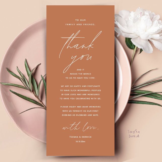 Moderne Hochzeitsmahlzeiten dank Karte (Modern Wedding Dinner Place Setting Thank You Card Reception Brunch Lunch in Copper Brown Terracotta)
