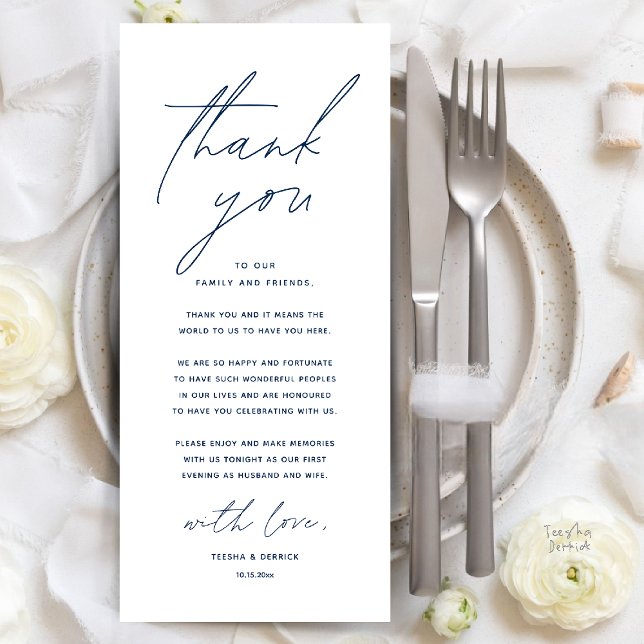 Moderne Hochzeitsmahlzeiten dank Karte (Modern Wedding Dinner Place Setting Thank You Card Reception Brunch Lunch in Navy Blue)