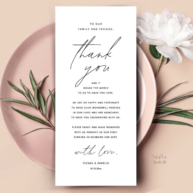 Moderne Hochzeitsmahlzeiten dank Karte (Modern Wedding Dinner Place Setting Thank You Card Reception Brunch Lunch in Black and White)