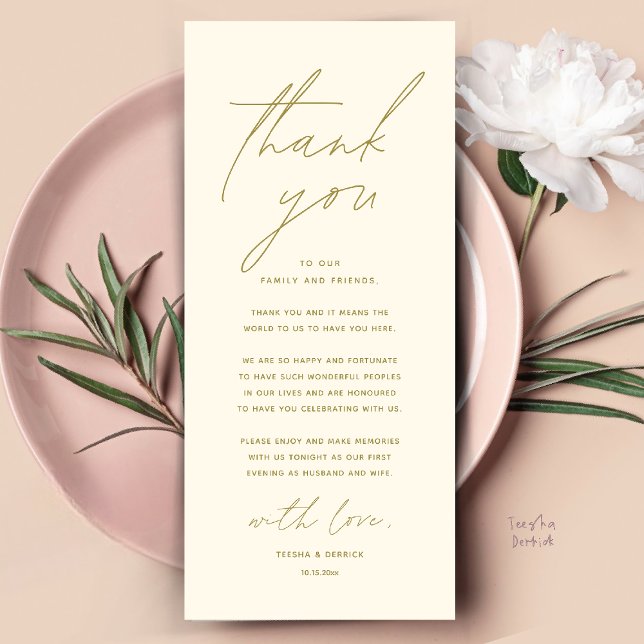 Moderne Hochzeitsmahlzeiten dank Karte (Modern Wedding Dinner Place Setting Thank You Card Reception Brunch Lunch in Warm Yellow Gold)