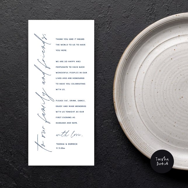 Moderne Hochzeitsmahlzeiten dank Karte (Wedding Dinner Place Setting Thank You Card, Modern Minimalist Script, in Navy Blue)