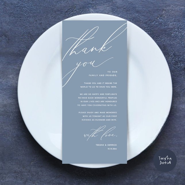 Moderne Hochzeitsmahlzeiten dank Karte (Modern Wedding Dinner Place Setting Thank You Card, Minimalist Dusty Blue)