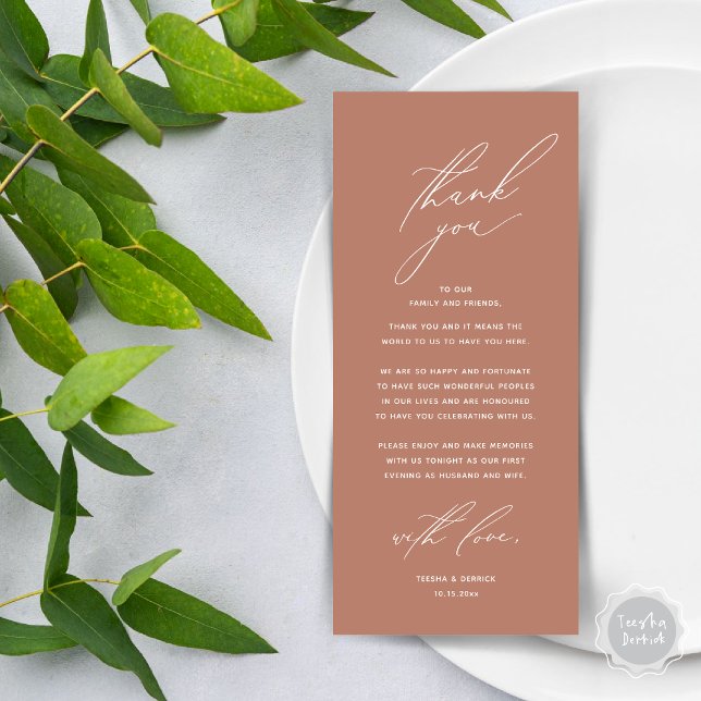 Moderne Hochzeitsmahlzeiten dank Karte (Modern Wedding Dinner Place Setting Thank You Card, Minimalist Terracotta Earthy Brown)