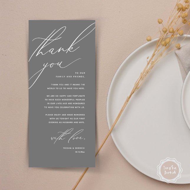 Moderne Hochzeitsmahlzeiten dank Karte (Modern Wedding Dinner Place Setting Thank You Card, Minimalist Dark Grey)