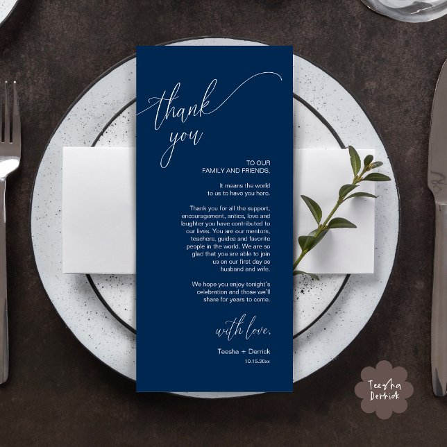 Moderne Hochzeitsmahlzeiten dank Karte (Modern Wedding Dinner Brunch Place Setting Thank You Card romantic in aesthetic classy navy blue)