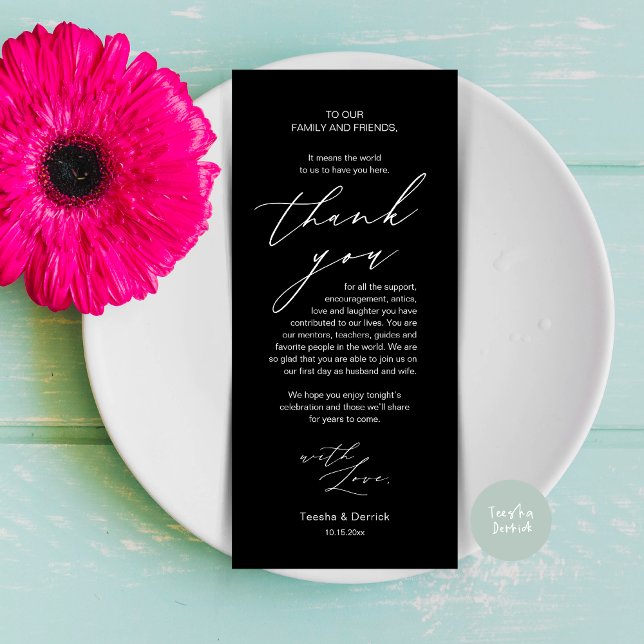 Moderne Hochzeitsmahlzeiten dank Karte (Modern Minimalist Wedding Dinner Place Setting Thank You Card in Black White)