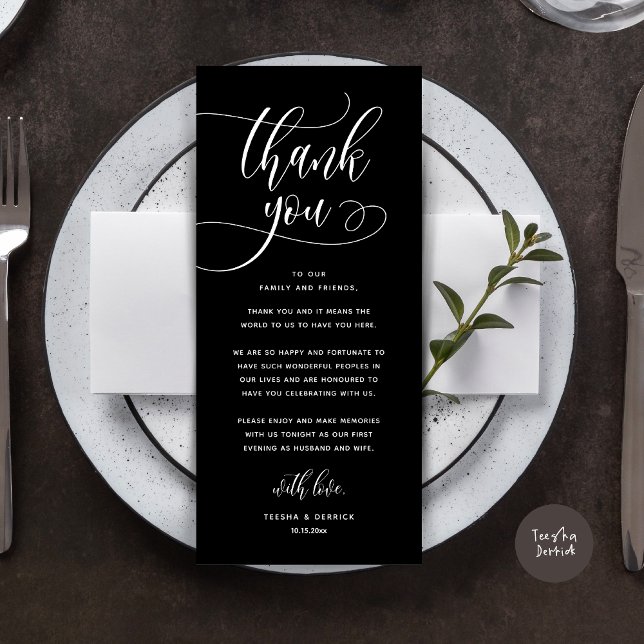 Moderne Hochzeitsmahlzeiten dank Karte (Wedding Dinner Place Setting Thank You, Welcome and Thanks Card, in Classy Black)