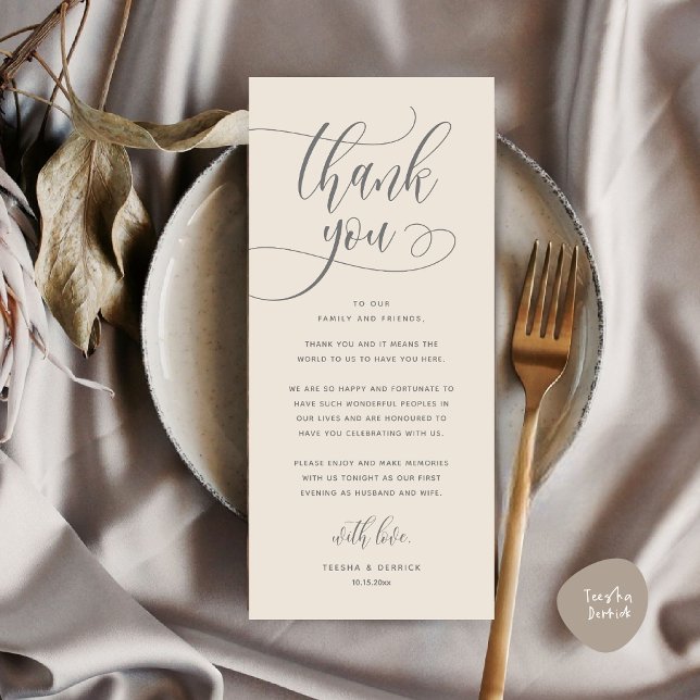Moderne Hochzeitsmahlzeiten dank Karte (Wedding Dinner Place Setting Thank You, Welcome and Thanks Card, in Classy Cream Grey)