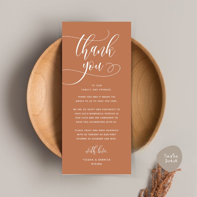 Moderne Hochzeitsmahlzeiten dank Karte (Wedding Dinner Place Setting Thank You, Welcome and Thanks Card, in Classy Copper Brown)