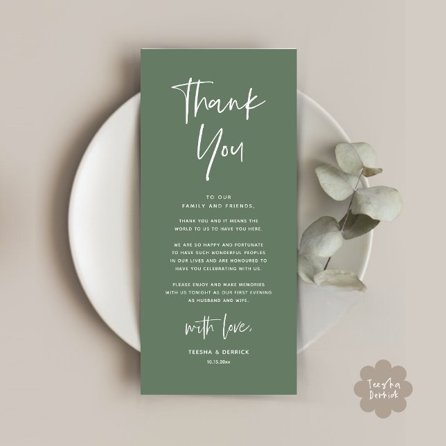 Moderne Hochzeitsmahlzeiten dank Karte (Welcome and Thanks, Modern Wedding Dinner Brunch Party Place Setting Thank You Card Sage Green)