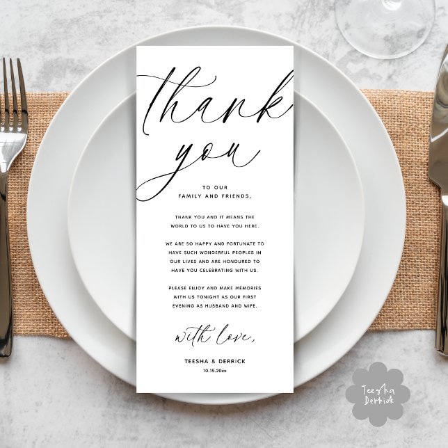 Moderne Hochzeitsmahlzeiten dank Karte (Wedding Dinner Place Setting Thank You Card Modern Romantic Contemporary White Black)