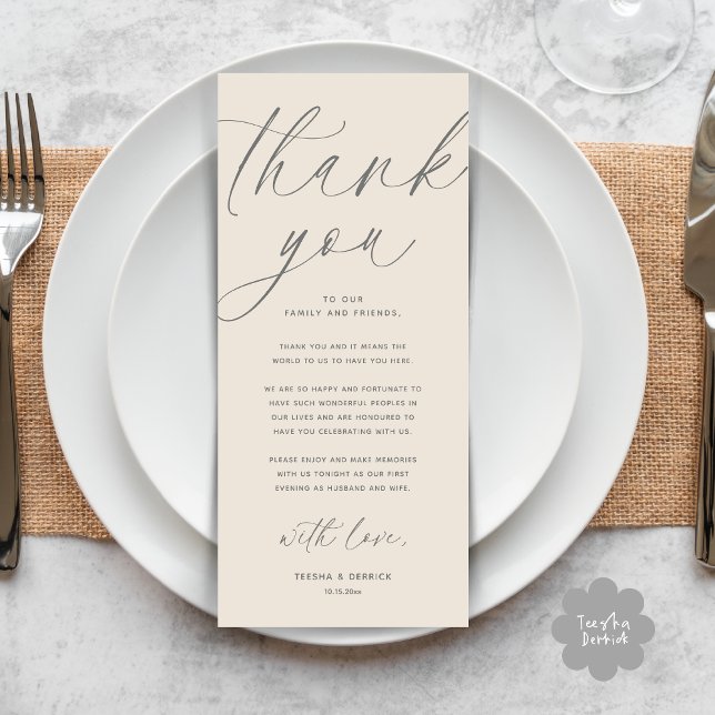 Moderne Hochzeitsmahlzeiten dank Karte (Wedding Dinner Place Setting Thank You Card Modern Romantic Contemporary Classy Cream Grey)