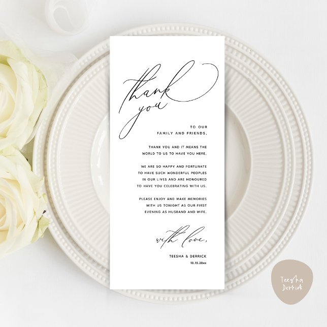Moderne Hochzeitsmahlzeiten dank Karte (Modern Wedding Dinner Place Setting Thank You Card, Romantic Plate Decor, in Black White)