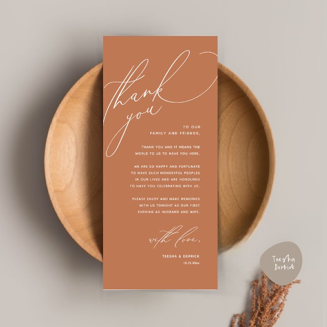 Moderne Hochzeitsmahlzeiten dank Karte (Modern Wedding Dinner Place Setting Thank You Card, Romantic Plate Decor, in Copper Brown Terracotta)