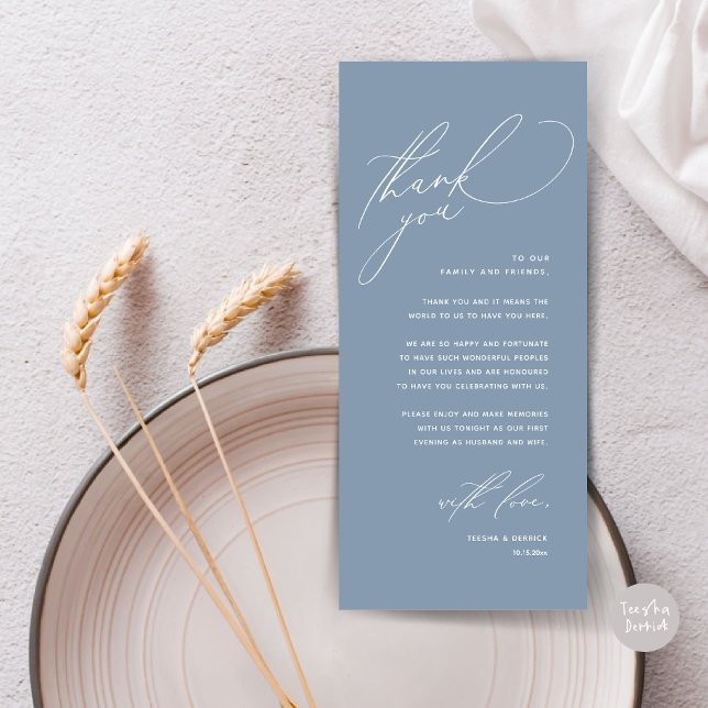 Moderne Hochzeitsmahlzeiten dank Karte (Modern Wedding Dinner Place Setting Thank You Card, Romantic Plate Decor, in Dusty Blue)