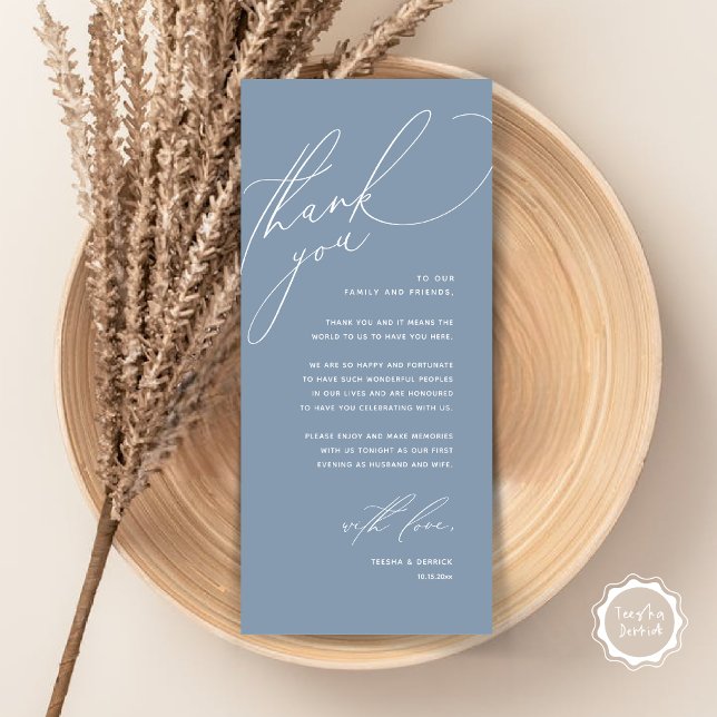 Moderne Hochzeitsmahlzeiten dank Karte (Modern Wedding Dinner Place Setting Thank You Card, Romantic Plate Decor, in Dusty Blue)