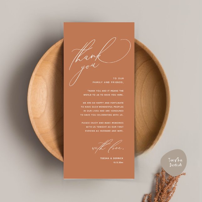 Moderne Hochzeitsmahlzeiten dank Karte (Modern Wedding Dinner Place Setting Thank You Card, Romantic Plate Decor, in Copper Brown Terracotta)