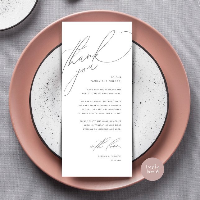 Moderne Hochzeitsmahlzeiten dank Karte (Modern Wedding Dinner Place Setting Thank You Card, Romantic Plate Decor, in Dark Grey)