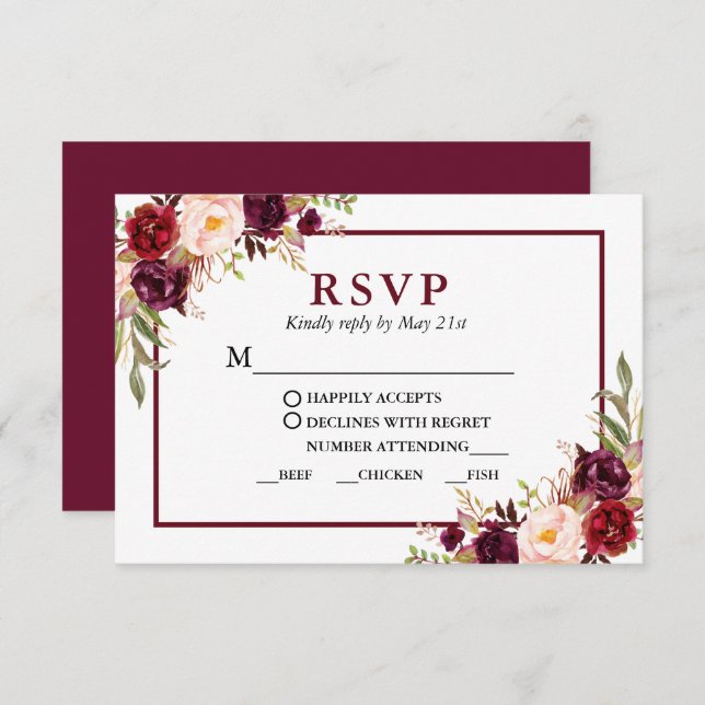 Moderne Hochzeitsmahlzeiten in Burgund RSVP Karte (Vorne/Hinten)