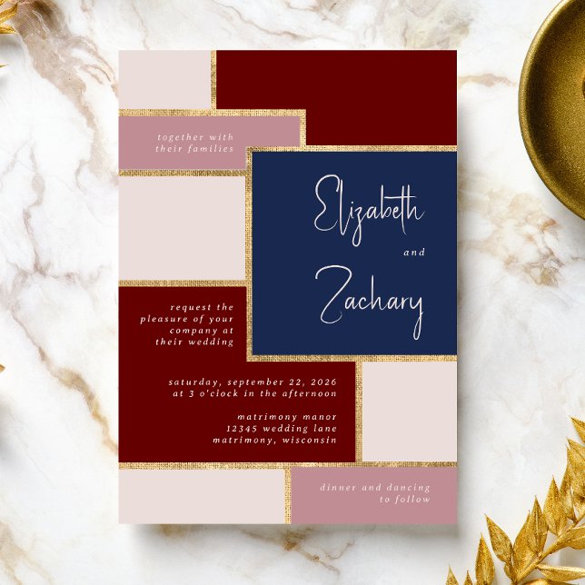 Moderne Hochzeitsnacht-Rose Burgundy Blush Einladung (A unique choice for a modern burgundy, navy blue, blush and gold wedding palette.)