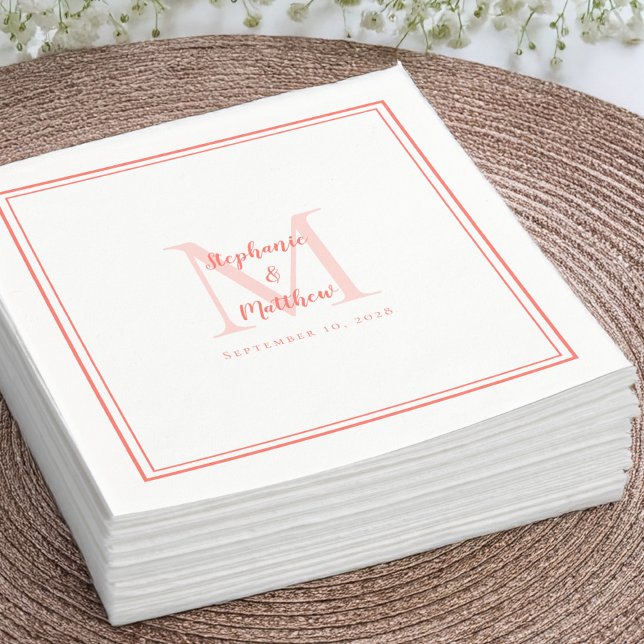Moderne Hochzeitsnamen Datum Monogramm Korallencoc Serviette (Modern Wedding Names Date Monogram Coral Cocktail Napkins)