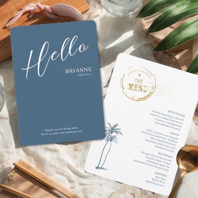 Moderne Hochzeitsort- und Menükarte (Modern three in one menu, name card and greeting message.)