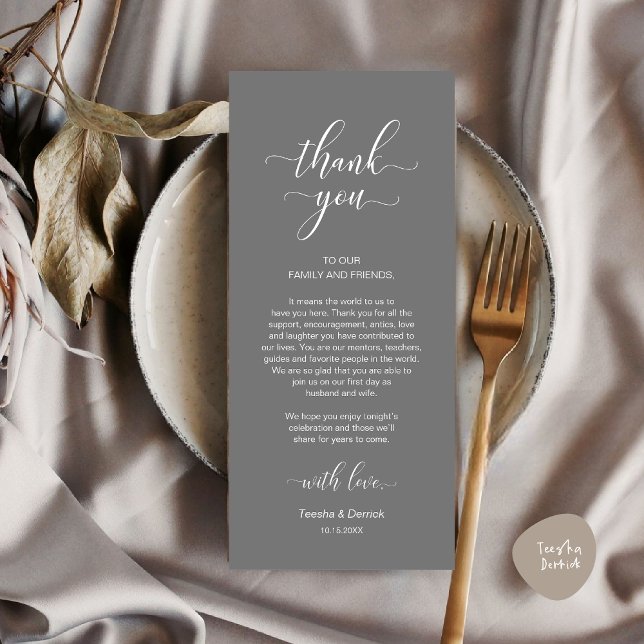 Moderne Hochzeitsplattform dank Karte (Modern Wedding Dinner Place Setting Thank You Card in Classy Dark Grey)