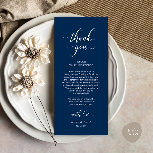 Moderne Hochzeitsplattform dank Karte (Modern Wedding Dinner Place Setting Thank You Card in Classy Navy Blue)