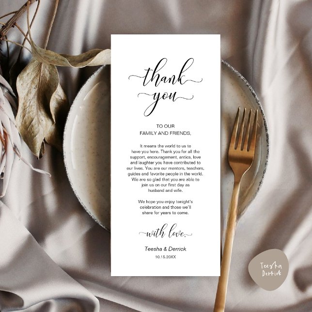 Moderne Hochzeitsplattform dank Karte (Modern Wedding Dinner Place Setting Thank You Card in Classy White Black)